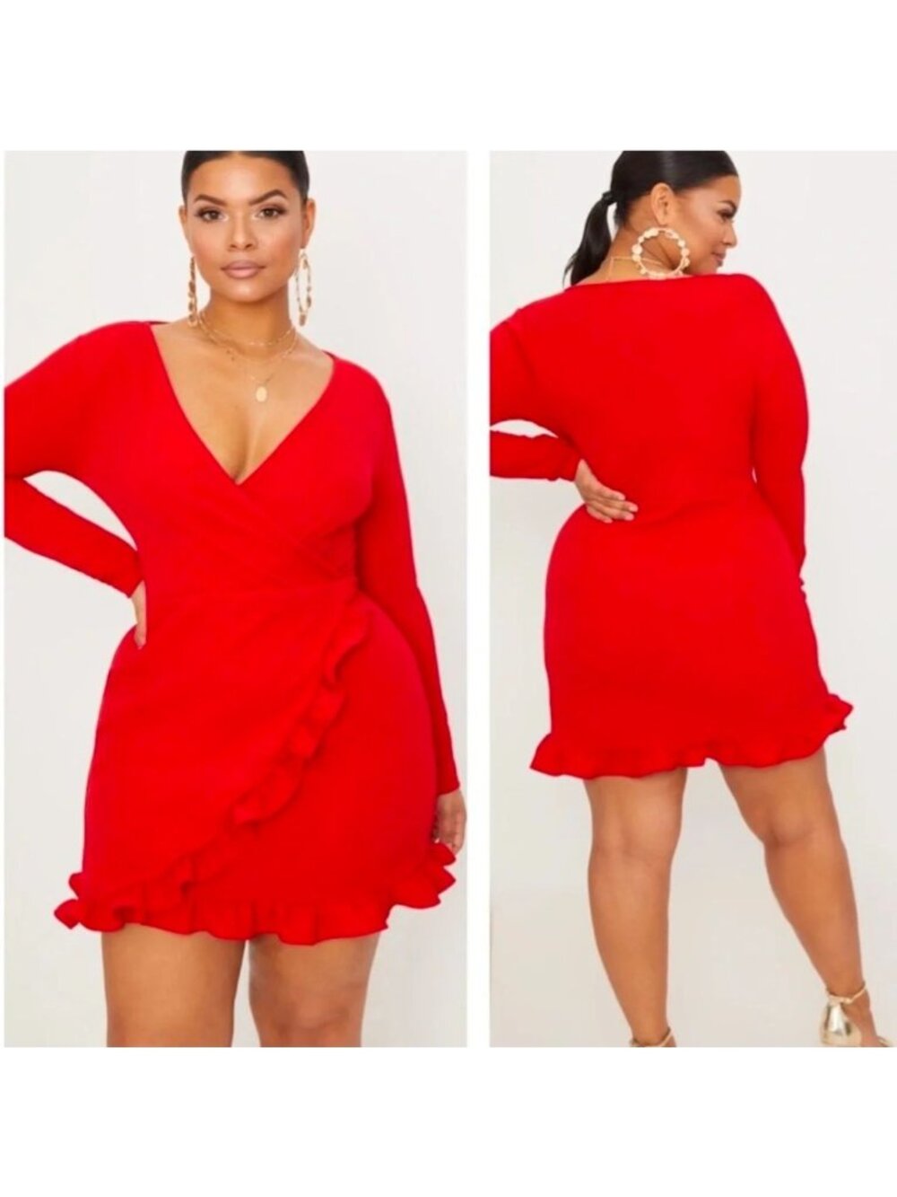 Pretty Little Thing Red Ruffle Midi Faux Wrap Long Sleeve Dress, Sz 26, NWT